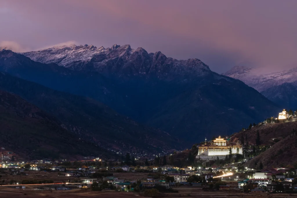 Mountains above a Bhutanese valley at dusk