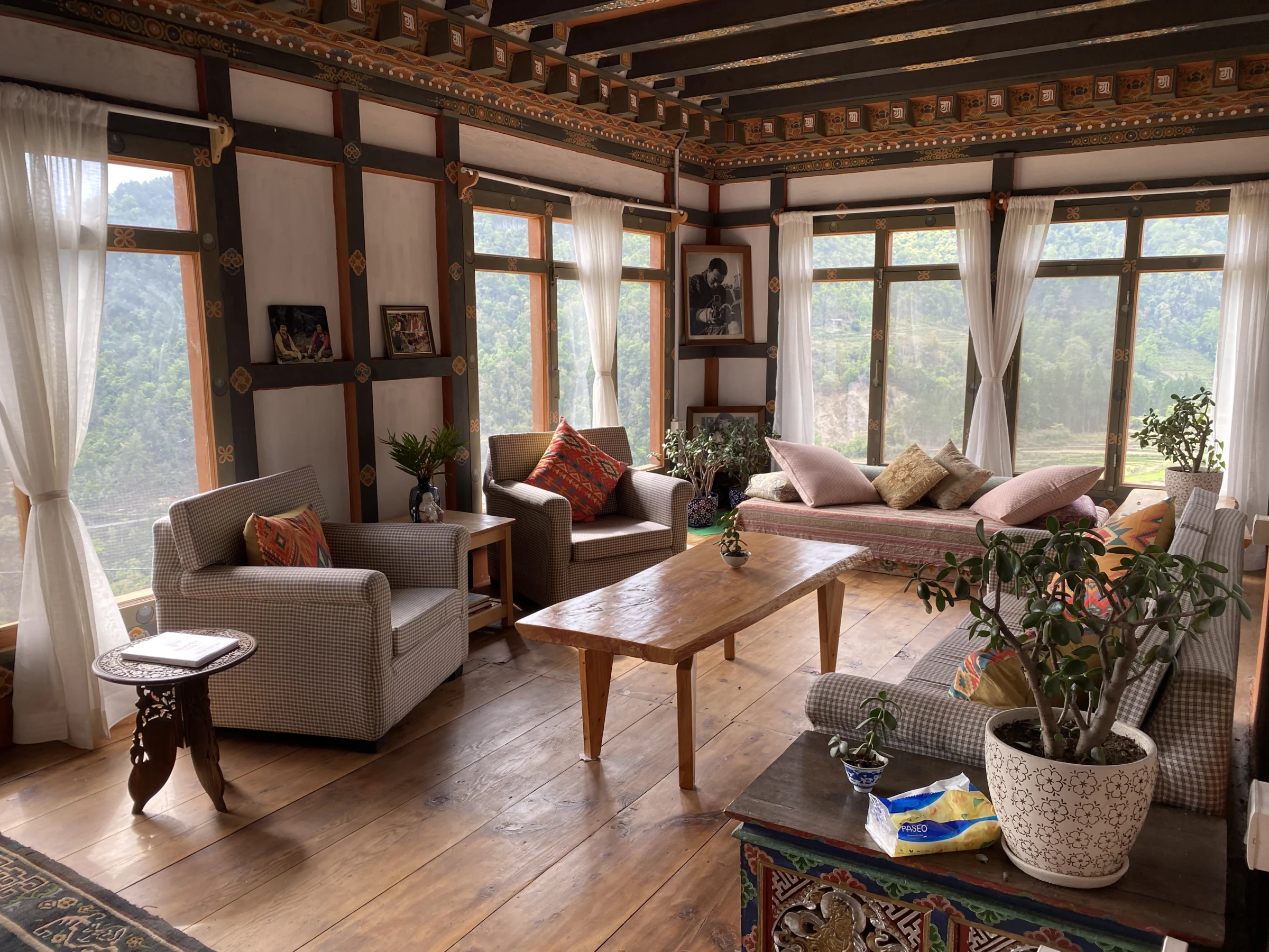 Lounge of a traditional Bhutanese lodge in Punakha