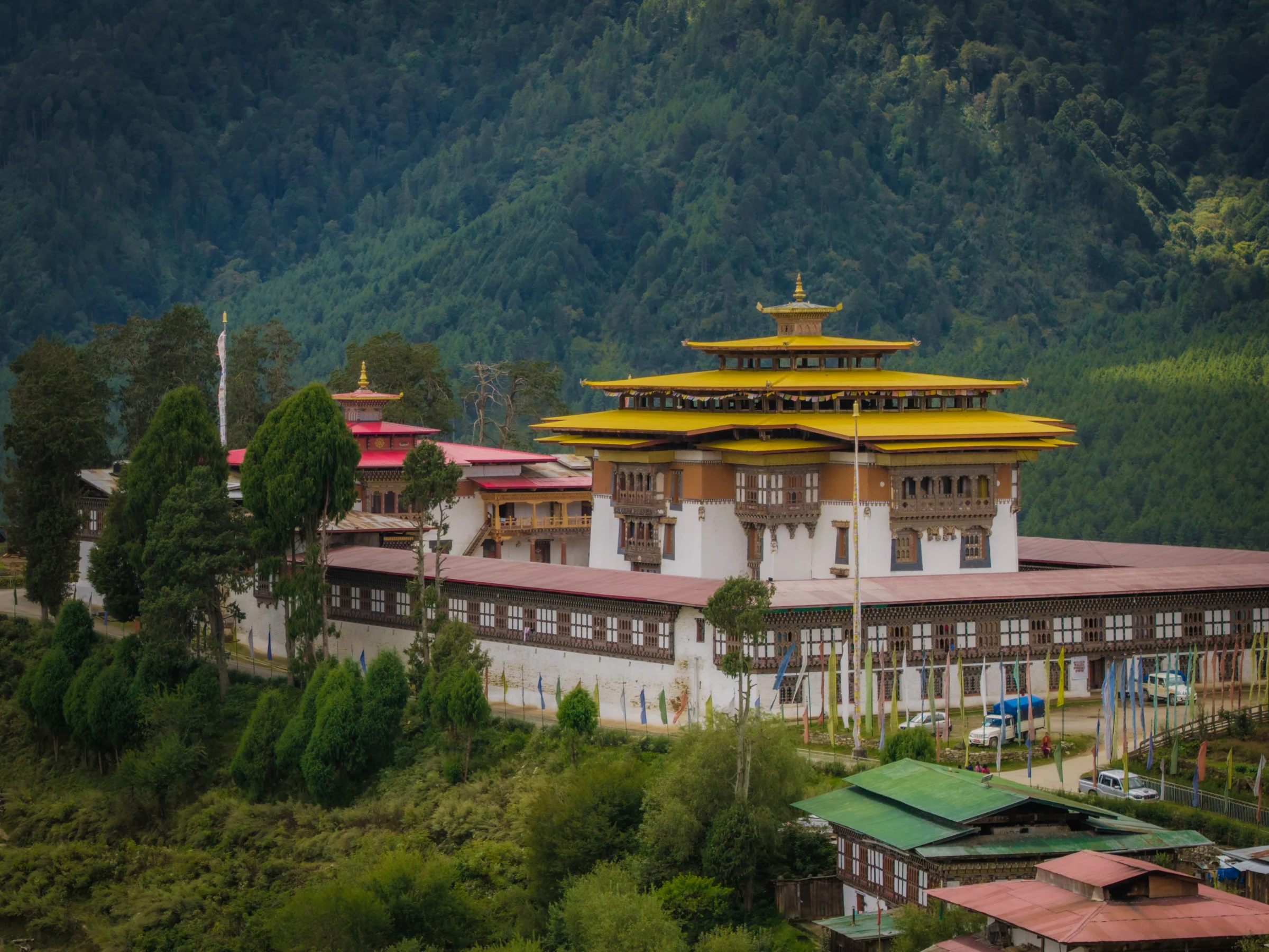 Aerial view of Gangtey Monastery