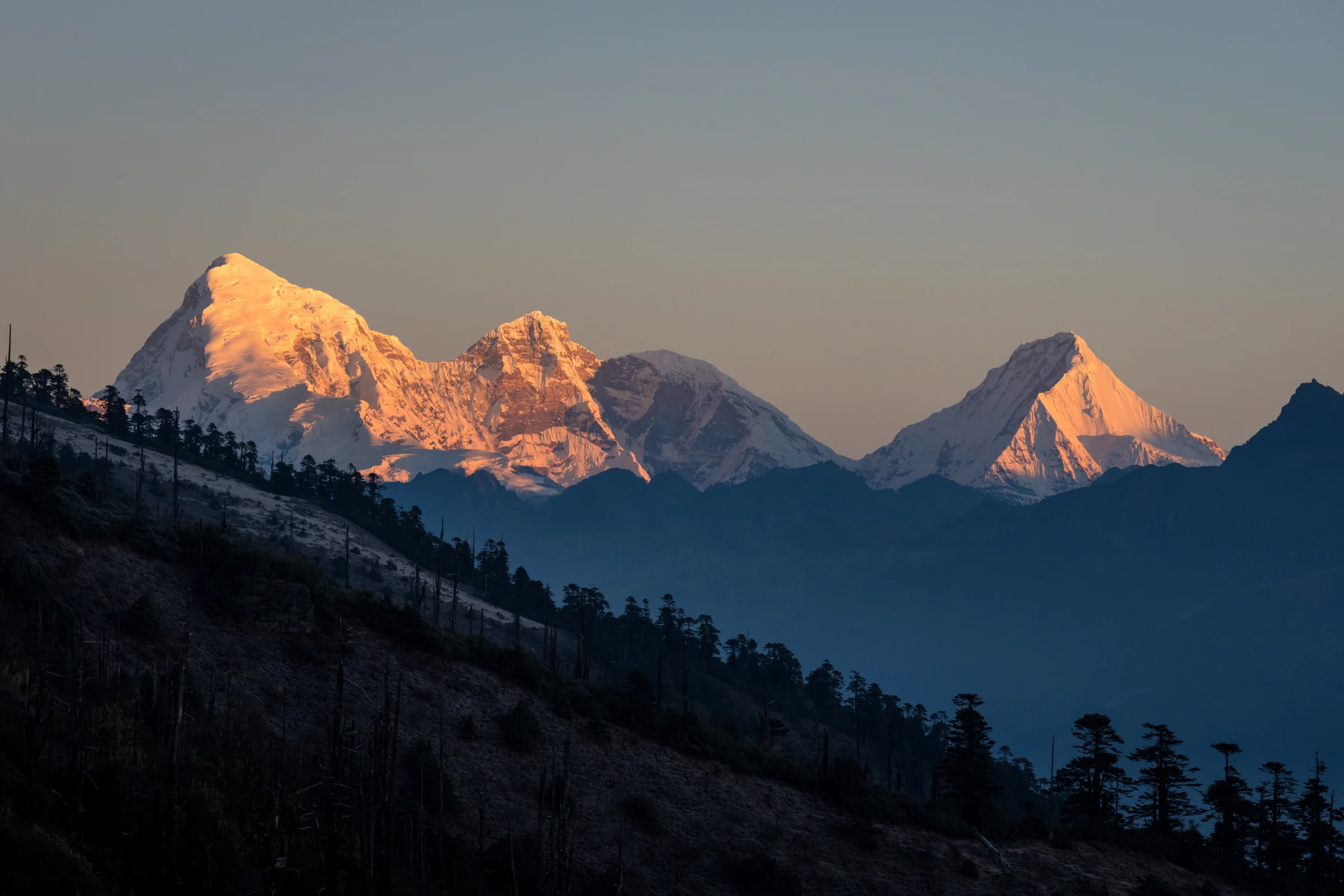 Himalayan peaks glowing at sunrise seen from Bhutan