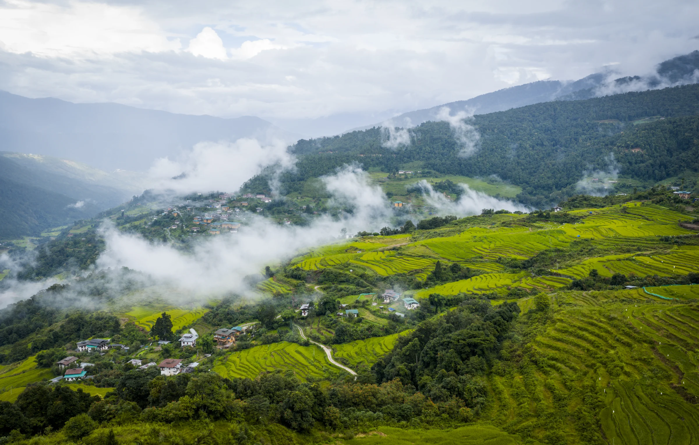 Morning mist over the valley along the Thimphu to Punakha highway