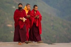 Two Buddhist monks walking together in Bhutan