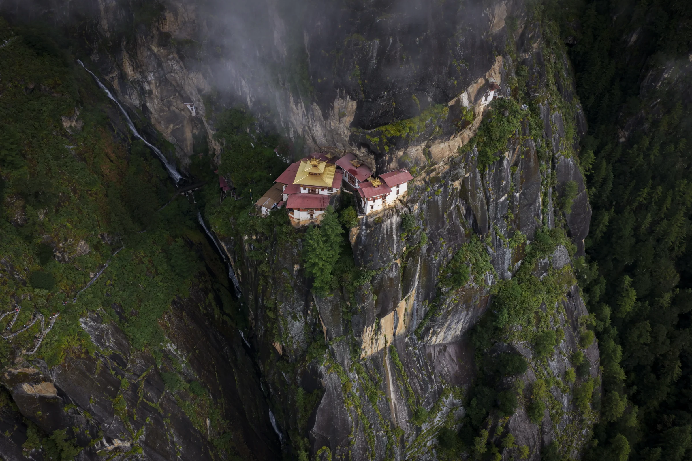 Aerial view of Paro Taktsang (Tiger's Nest) on its cliff above the Paro valley