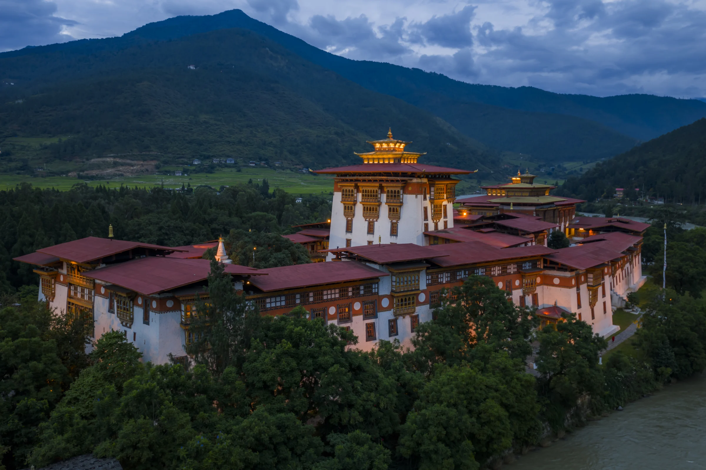 Aerial view of Punakha Dzong at twilight