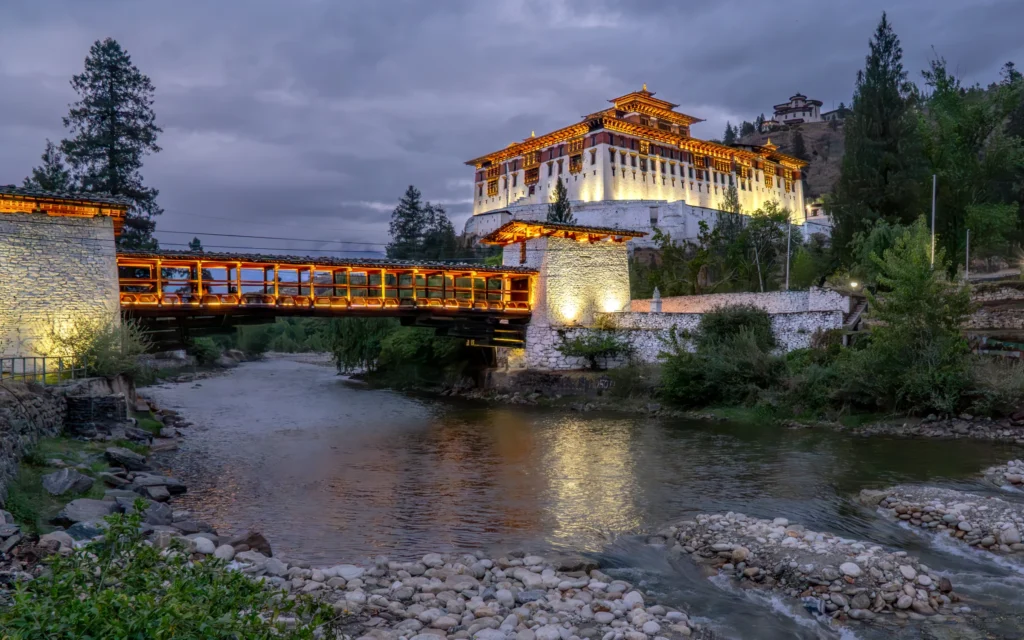 Rinpung Dzong in Paro lit at twilight
