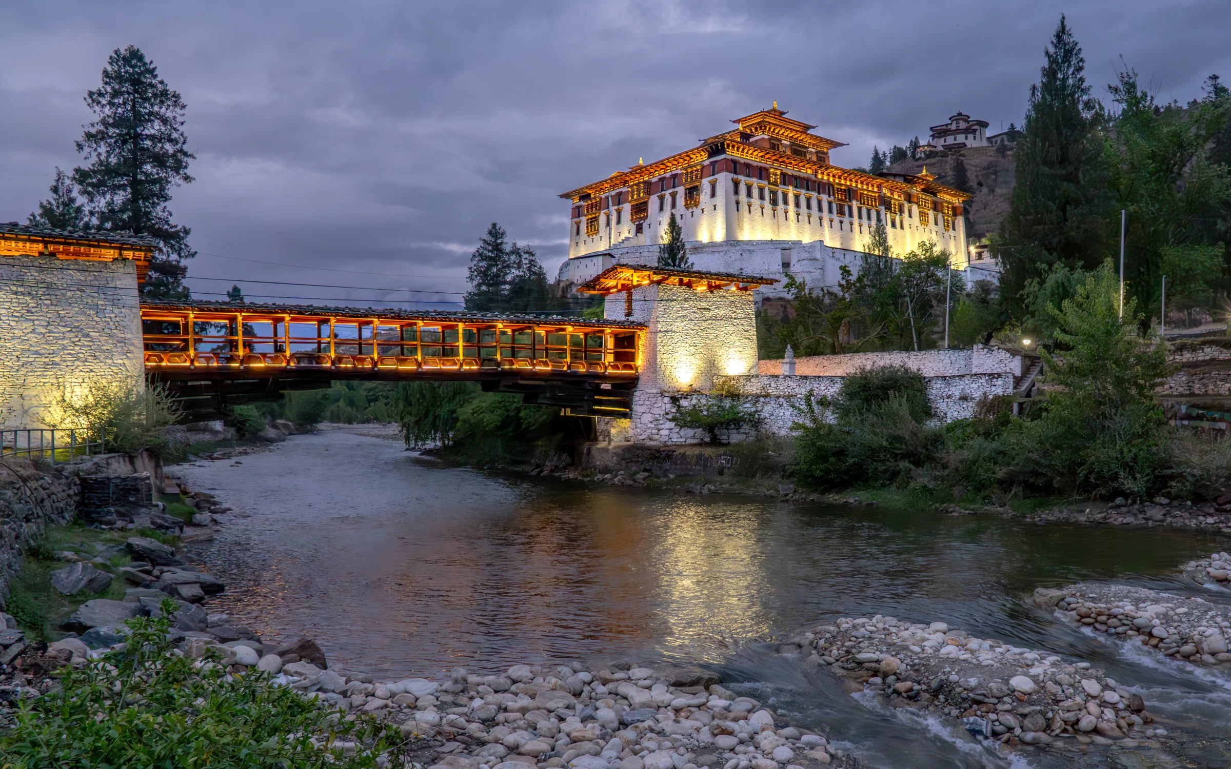 Rinpung Dzong in Paro lit at twilight