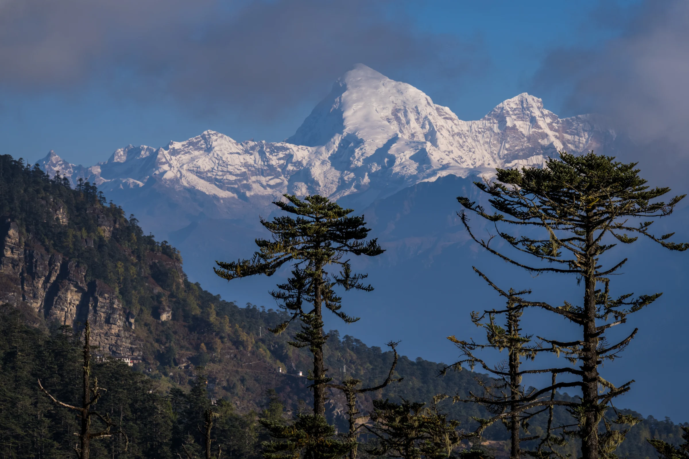 Snow-capped Himalayan peak above forested ridges in Bhutan