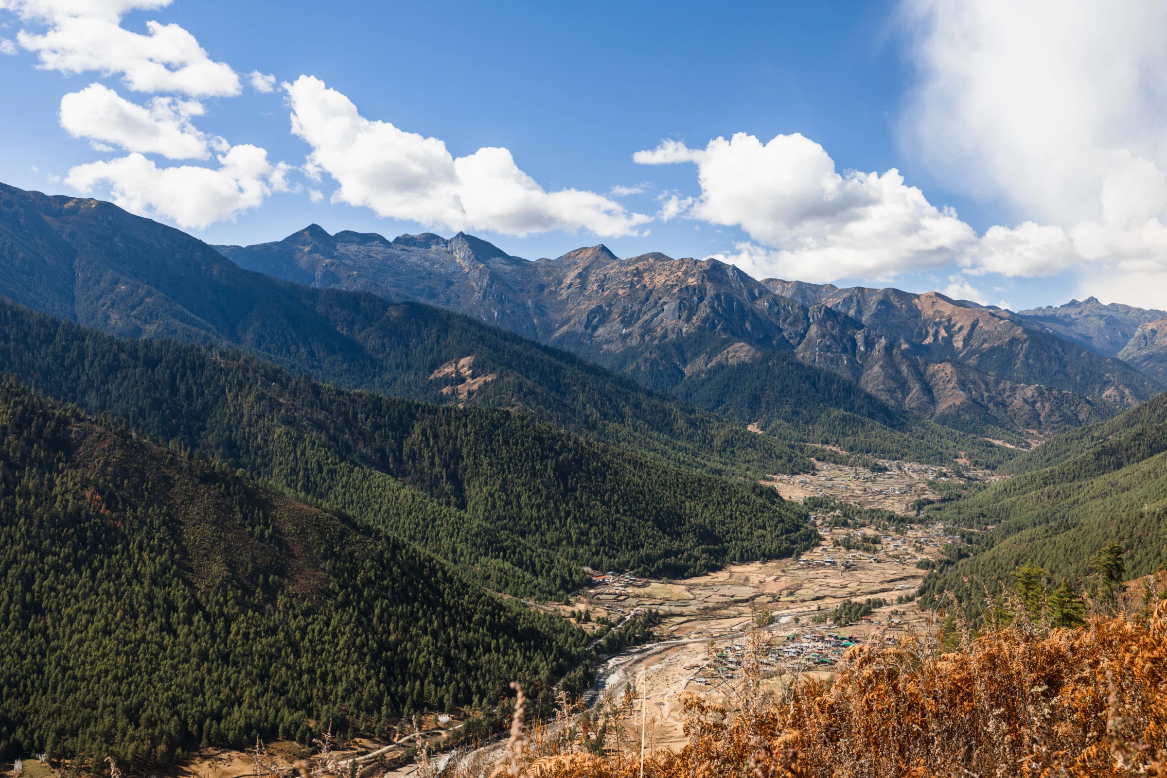 A wide valley and mountains in Bhutan